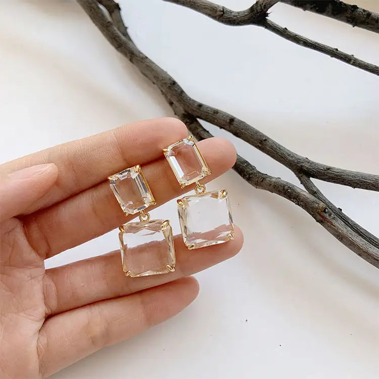 Transparent Glass Crystal Twin Square Earrings - BlingVows - Best Imitation & Anti Tarnish Jewelry Wholesaler