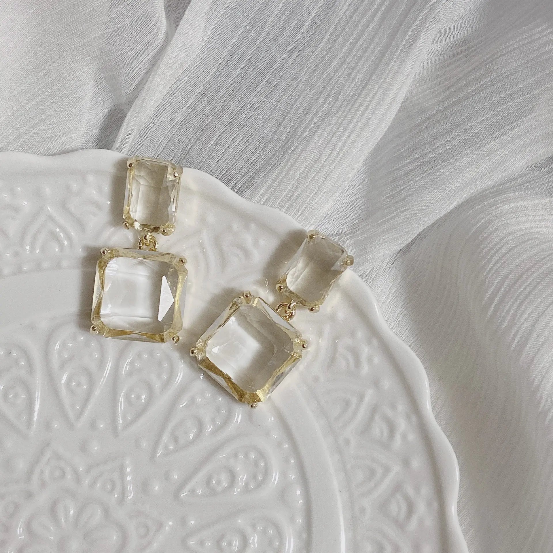 Transparent Glass Crystal Twin Square Earrings - BlingVows - Best Imitation & Anti Tarnish Jewelry Wholesaler