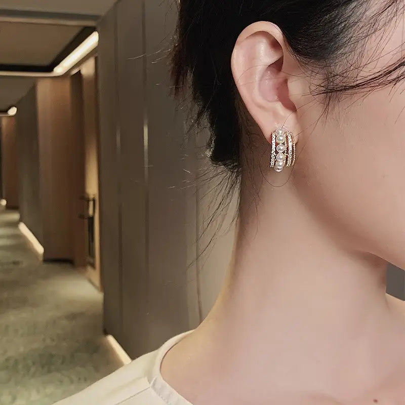 Triple Layer Pearl & CZ Statement Hoop Earrings - BlingVows - Best Imitation & Anti Tarnish Jewelry Wholesaler