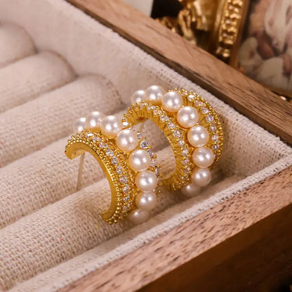 Triple Layer Pearl & CZ Statement Hoop Earrings - BlingVows - Best Imitation & Anti Tarnish Jewelry Wholesaler