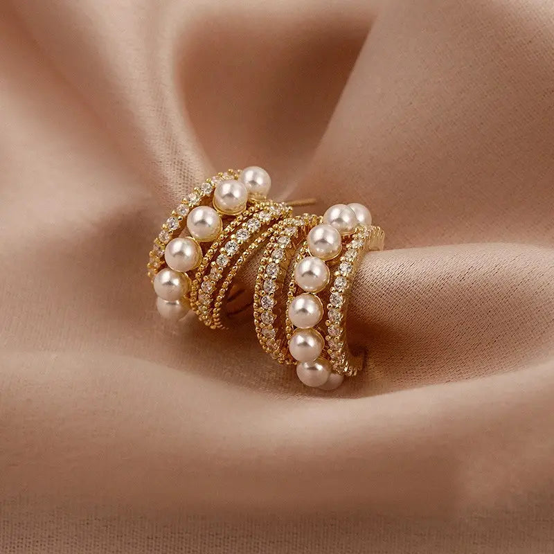 Triple Layer Pearl & CZ Statement Hoop Earrings - BlingVows - Best Imitation & Anti Tarnish Jewelry Wholesaler
