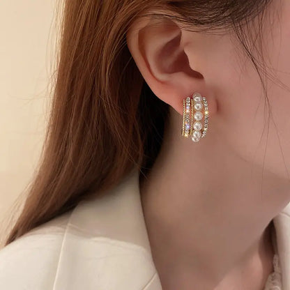 Triple Layer Pearl & CZ Statement Hoop Earrings - BlingVows - Best Imitation & Anti Tarnish Jewelry Wholesaler
