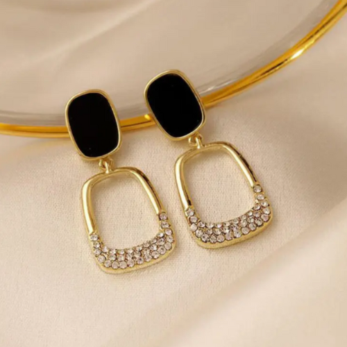 Vintage Gold tone Rhinestone Black Enamel oval earrings - BlingVows - Best Imitation & Anti Tarnish Jewelry Wholesaler