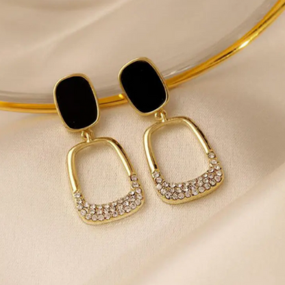 Vintage Gold tone Rhinestone Black Enamel oval earrings - BlingVows - Best Imitation & Anti Tarnish Jewelry Wholesaler