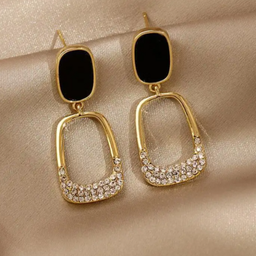Vintage Gold tone Rhinestone Black Enamel oval earrings - BlingVows - Best Imitation & Anti Tarnish Jewelry Wholesaler