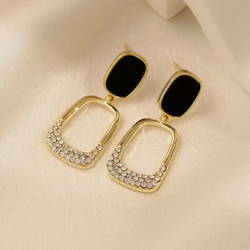 Vintage Gold tone Rhinestone Black Enamel oval earrings - BlingVows - Best Imitation & Anti Tarnish Jewelry Wholesaler