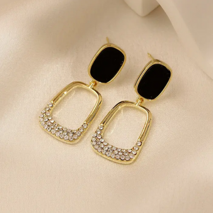 Vintage Gold tone Rhinestone Black Enamel oval earrings - BlingVows - Best Imitation & Anti Tarnish Jewelry Wholesaler