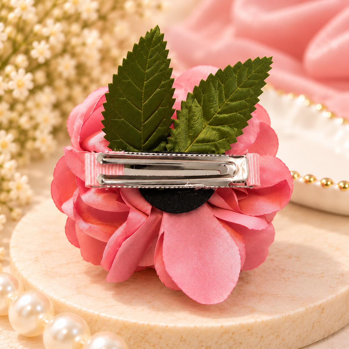 Pink Rose Flower Hair Clip with Leaf (Big Size)