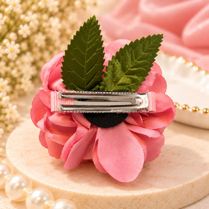 Pink Rose Flower Hair Clip with Leaf (Big Size)