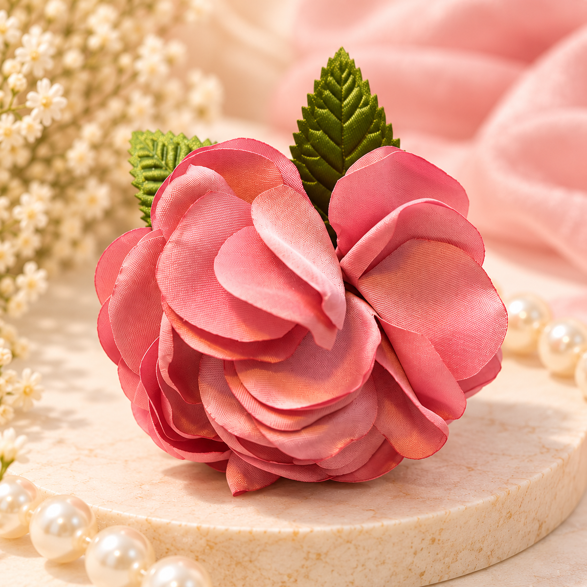 Pink Rose Flower Hair Clip with Leaf (Big Size)